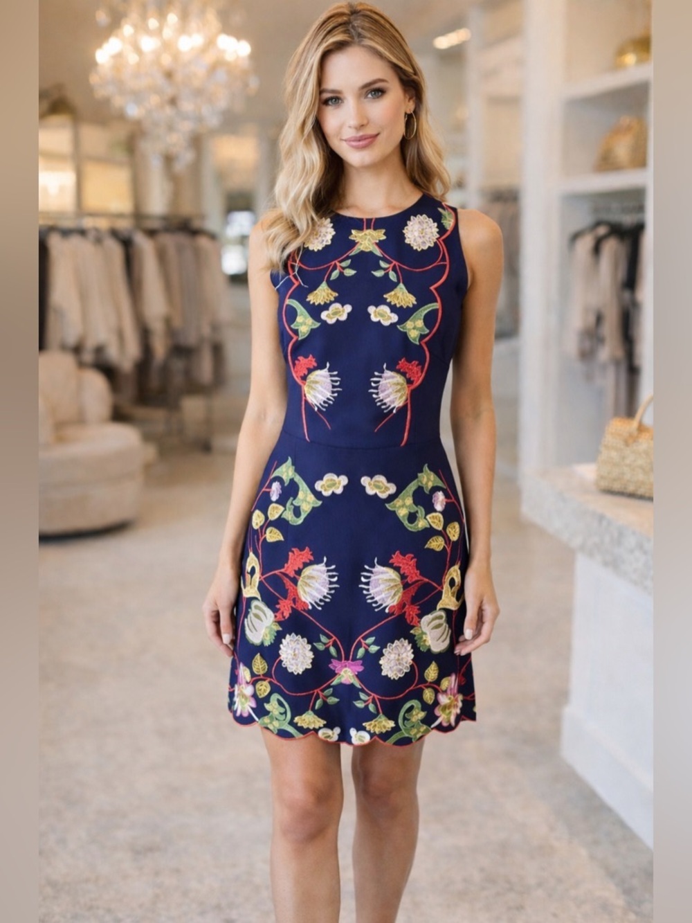 Foxiedox NWT Navy Embroidered Floral Shift Dress Size M Boutique Chic Mini